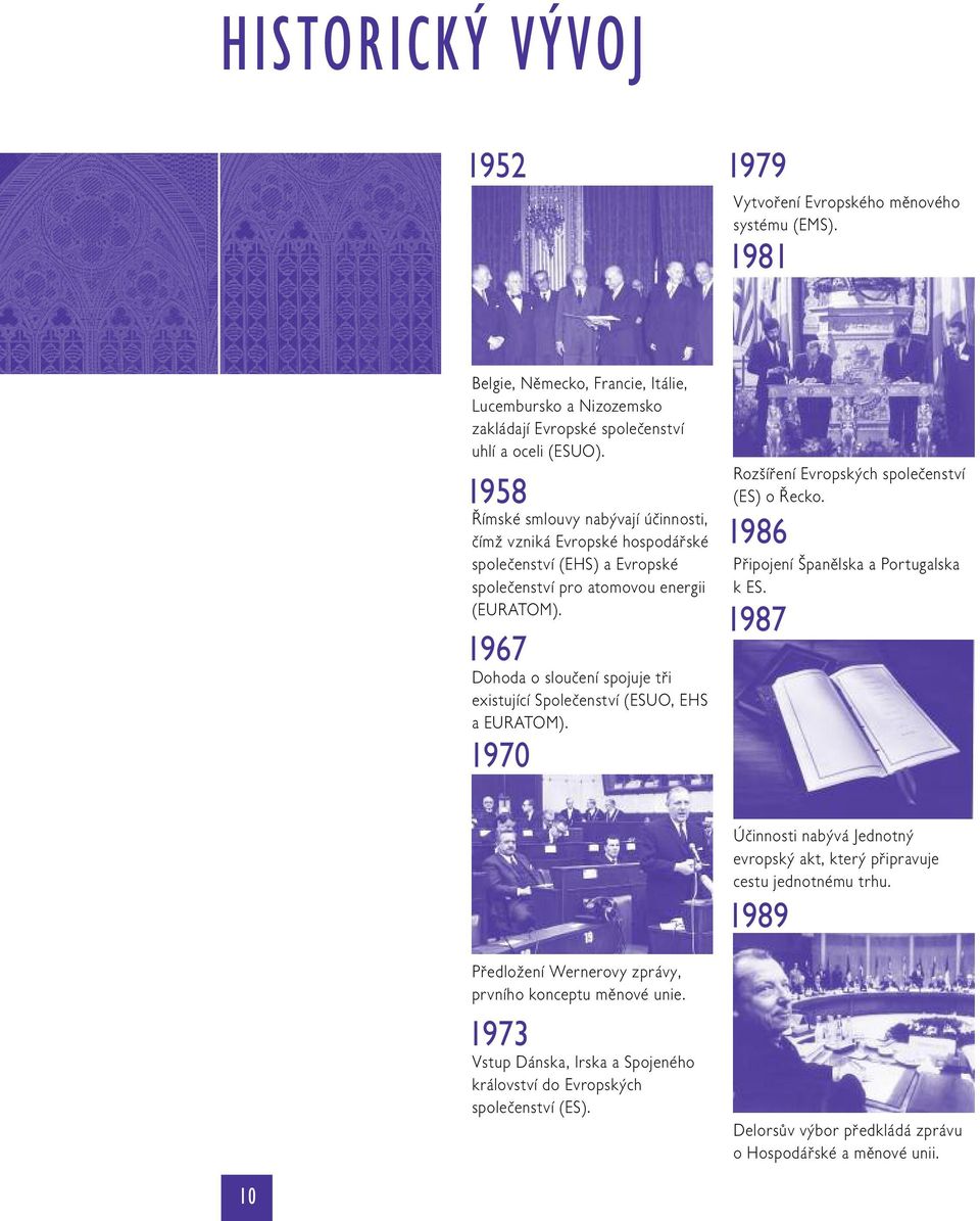 1967 Dohoda o sloučení spojuje tři existující Společenství (ESUO, EHS a EURATOM). 1970 Rozšíření Evropských společenství (ES) o Řecko. 1986 Připojení Španělska a Portugalska k ES.