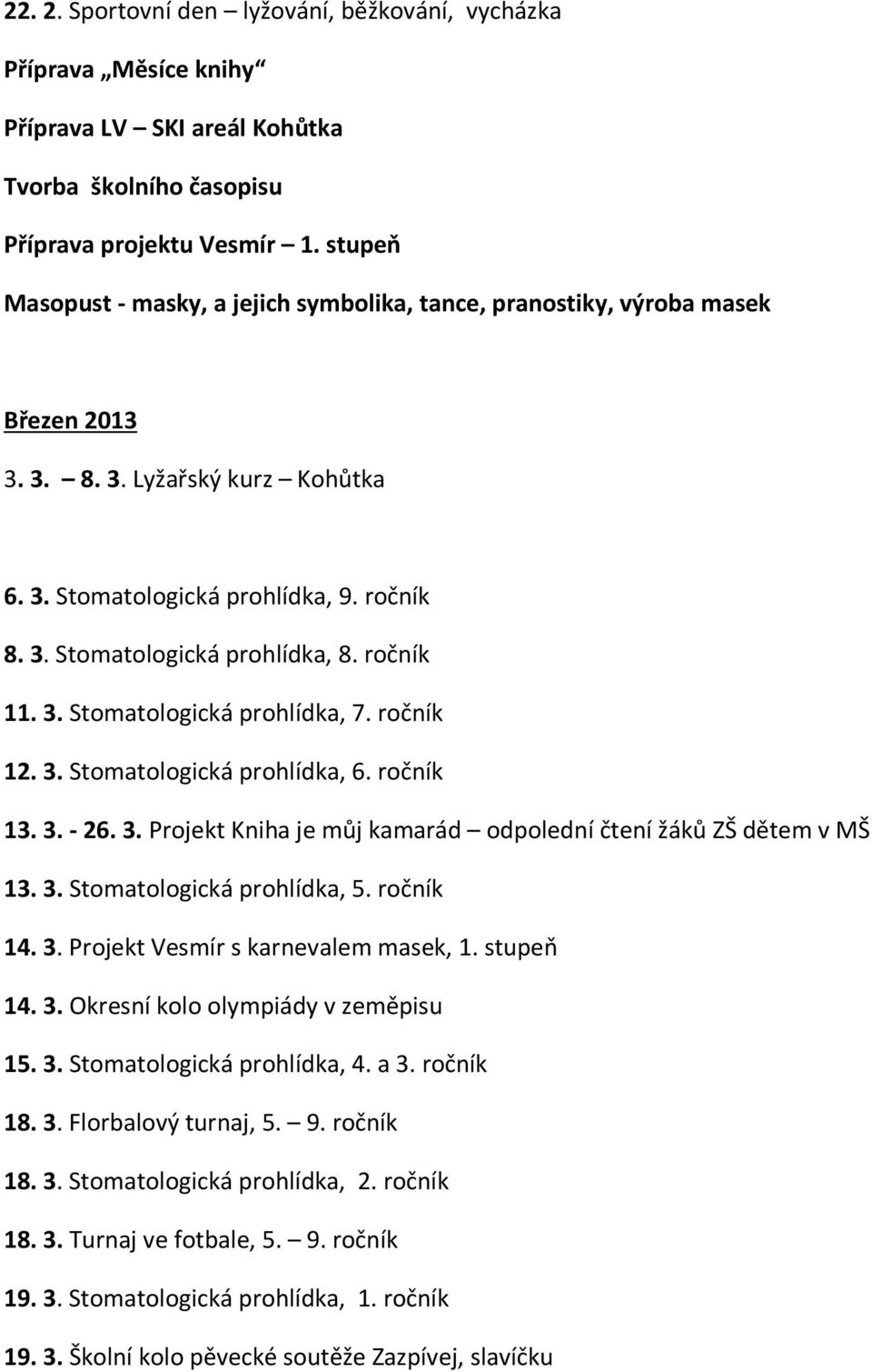 ročník 11. 3. Stomatologická prohlídka, 7. ročník 12. 3. Stomatologická prohlídka, 6. ročník 13. 3. - 26. 3. Projekt Kniha je můj kamarád odpolední čtení žáků ZŠ dětem v MŠ 13. 3. Stomatologická prohlídka, 5.