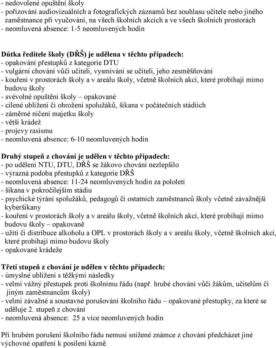 zesměšňování - kouření v prostorách školy a v areálu školy, včetně školních akcí, které probíhají mimo budovu školy - svévolné opuštění školy opakované - cílené ublížení či ohrožení spolužáků, šikana