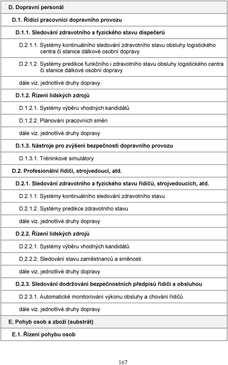1.2.2. Plánování pracovních směn dále viz. jednotlivé druhy dopravy D.1.3. Nástroje pro zvýšení bezpečnosti dopravního provozu D.1.3.1. Tréninkové simulátory D.2. Profesionální řidiči, strojvedoucí, atd.