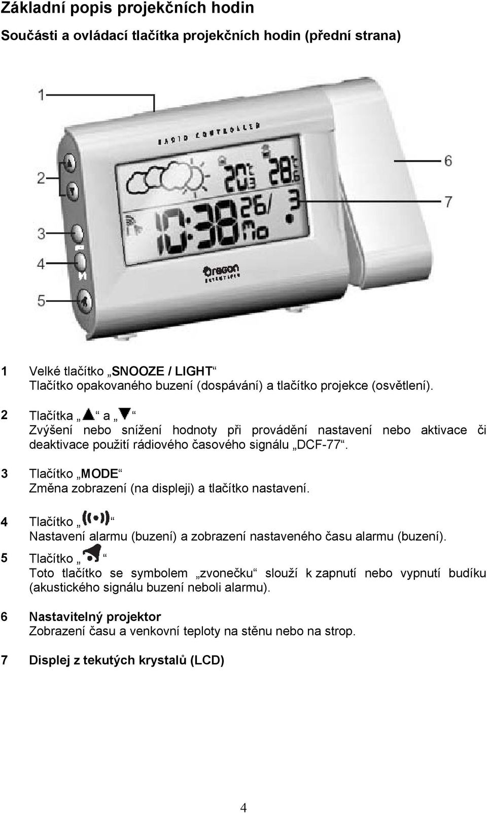 3 Tlačítko MODE Změna zobrazení (na displeji) a tlačítko nastavení. 4 Tlačítko Nastavení alarmu (buzení) a zobrazení nastaveného času alarmu (buzení).