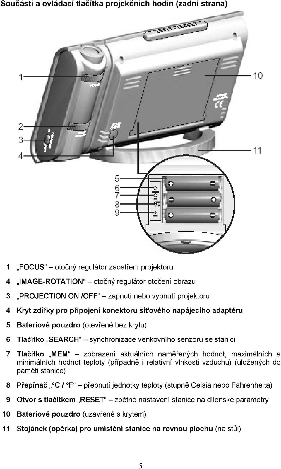 zobrazení aktuálních naměřených hodnot, maximálních a minimálních hodnot teploty (případně i relativní vlhkosti vzduchu) (uložených do paměti stanice) 8 Přepínač C / F přepnutí jednotky teploty