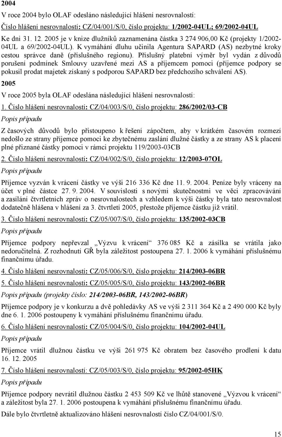 K vymáhání dluhu učinila Agentura SAPARD (AS) nezbytné kroky cestou správce daně (příslušného regionu).