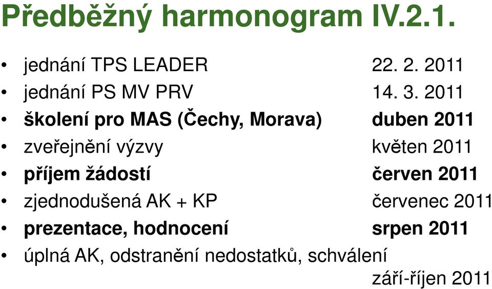 2011 příjem žádostí červen 2011 zjednodušená AK + KP červenec 2011 prezentace,