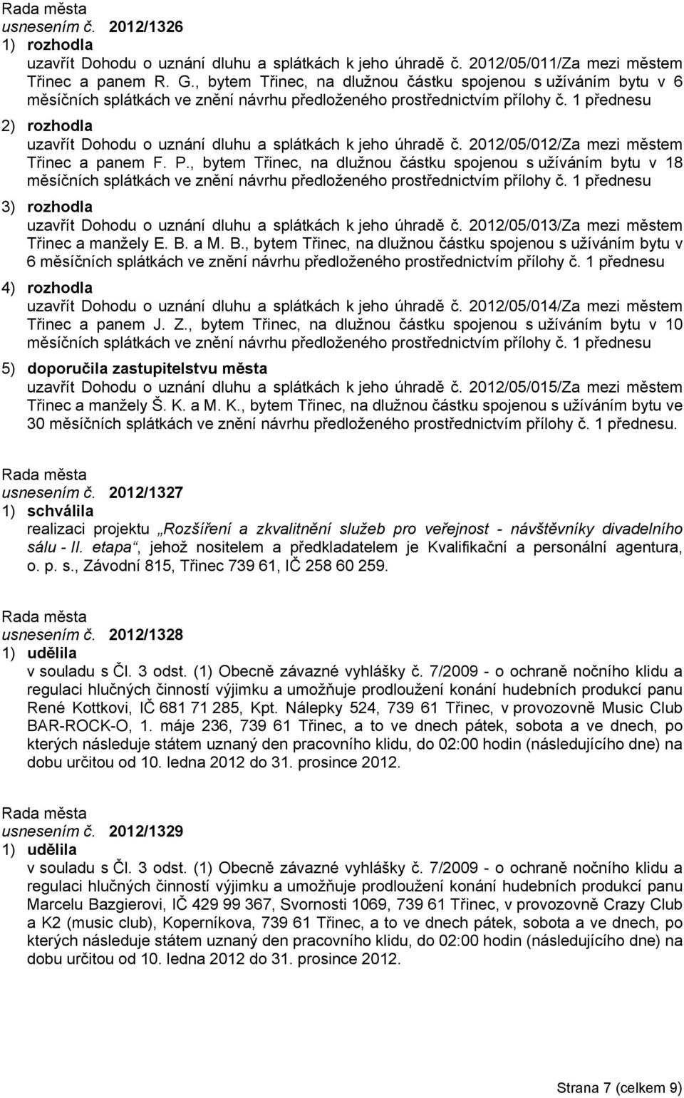 1 přednesu uzavřít Dohodu o uznání dluhu a splátkách k jeho úhradě č. 2012/05/012/Za mezi městem Třinec a panem F. P.