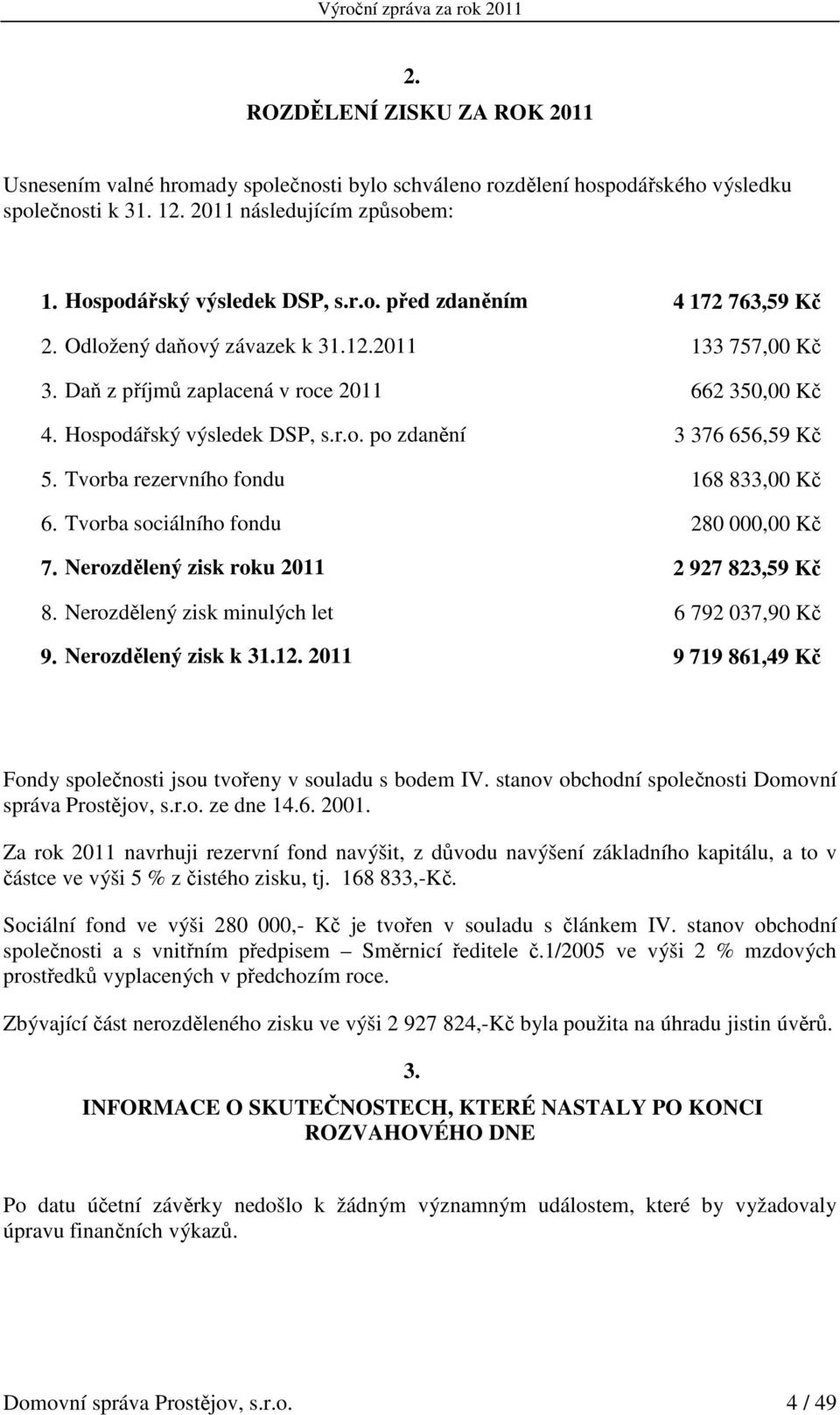 Tvorba rezervního fondu 168 833,00 Kč 6. Tvorba sociálního fondu 280 000,00 Kč 7. Nerozdělený zisk roku 2011 2 927 823,59 Kč 8. Nerozdělený zisk minulých let 6 792 037,90 Kč 9. Nerozdělený zisk k 31.