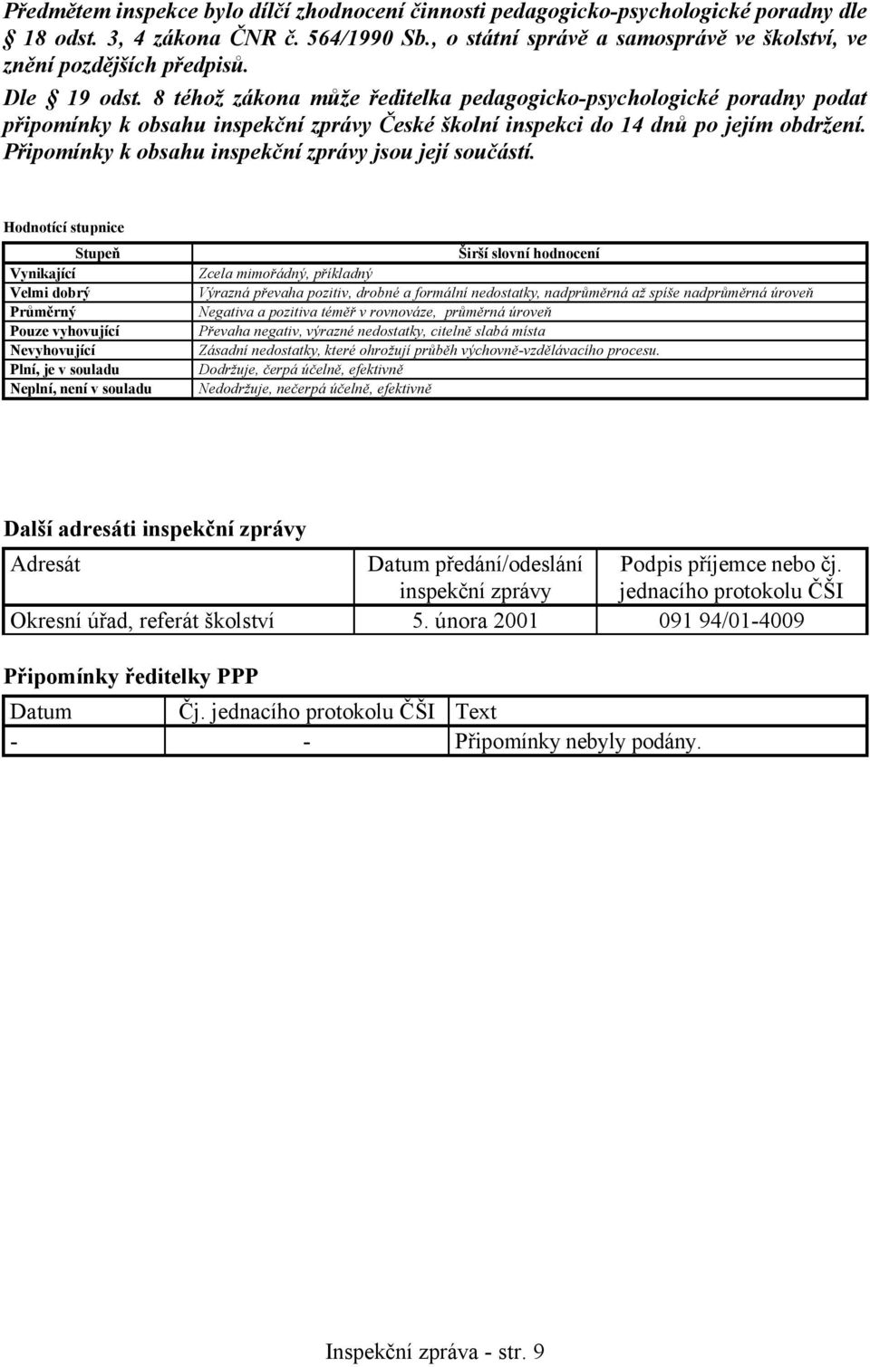 8 téhož zákona může ředitelka pedagogicko-psychologické poradny podat připomínky k obsahu inspekční zprávy České školní inspekci do 14 dnů po jejím obdržení.