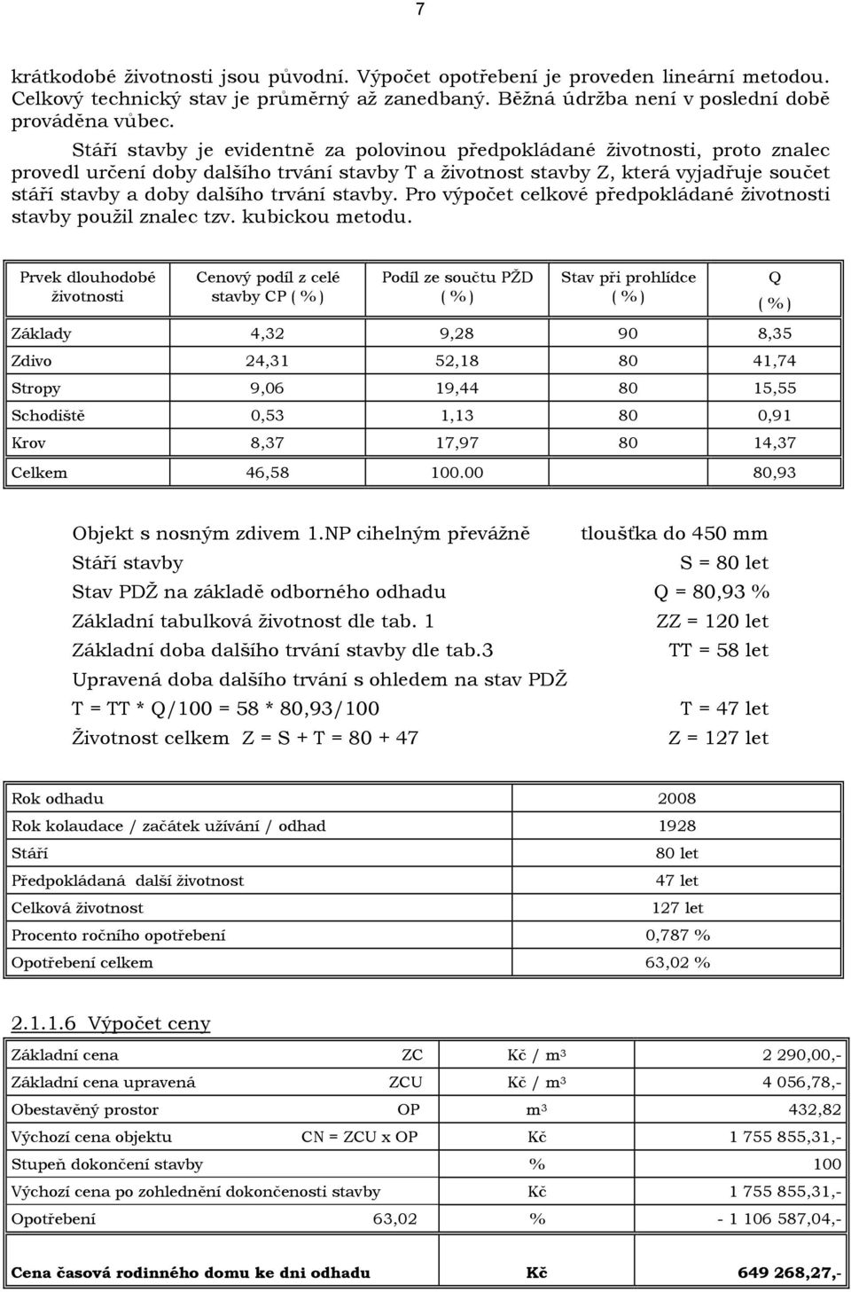 trvání stavby. Pro výpočet celkové předpokládané životnosti stavby použil znalec tzv. kubickou metodu.