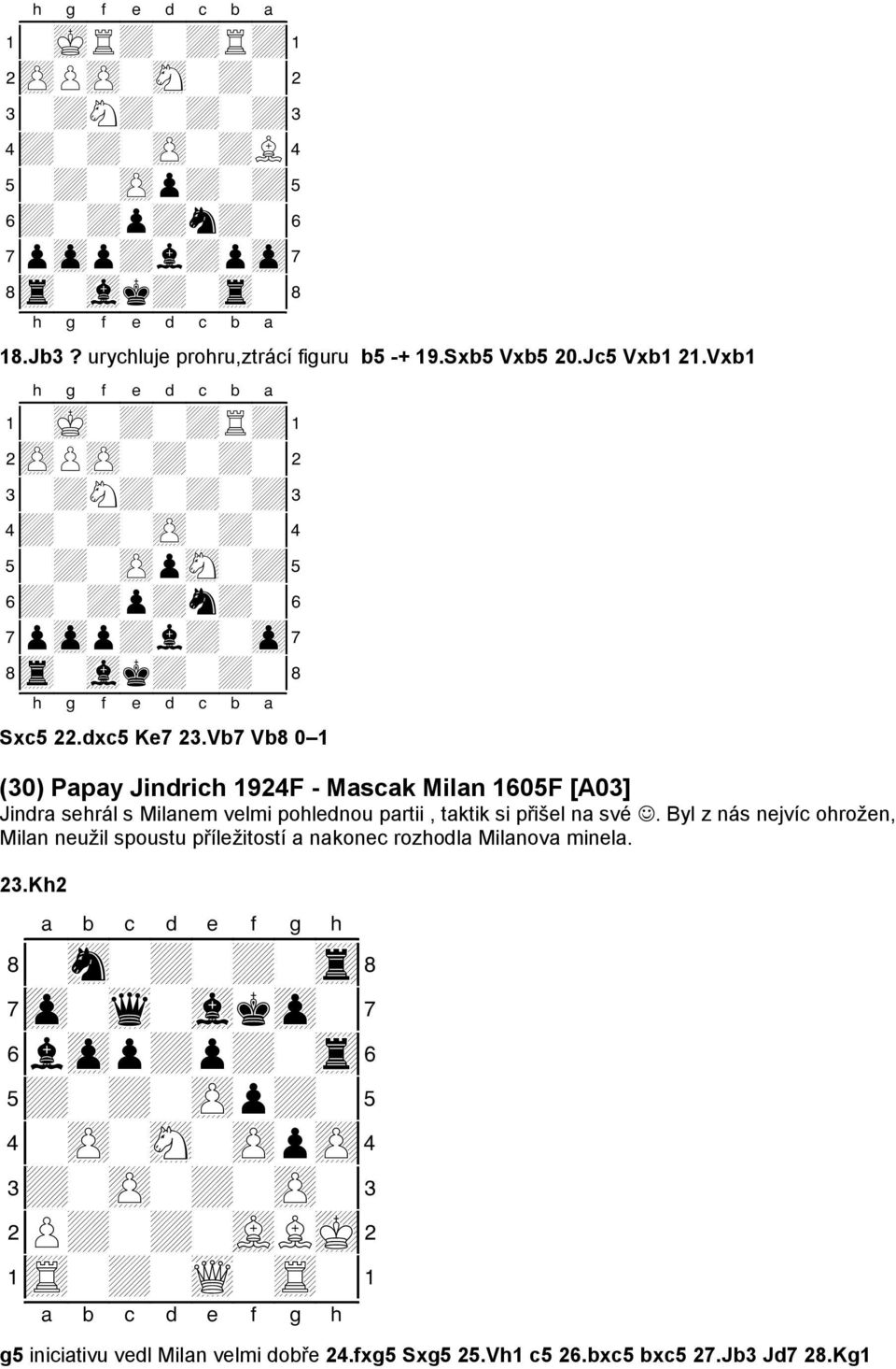 Vb7 Vb8 0 1 (30) Papay Jindrich 1924F - Mascak Milan 1605F [A03] Jindra sehrál s Milanem velmi pohlednou partii, taktik si přišel na své.