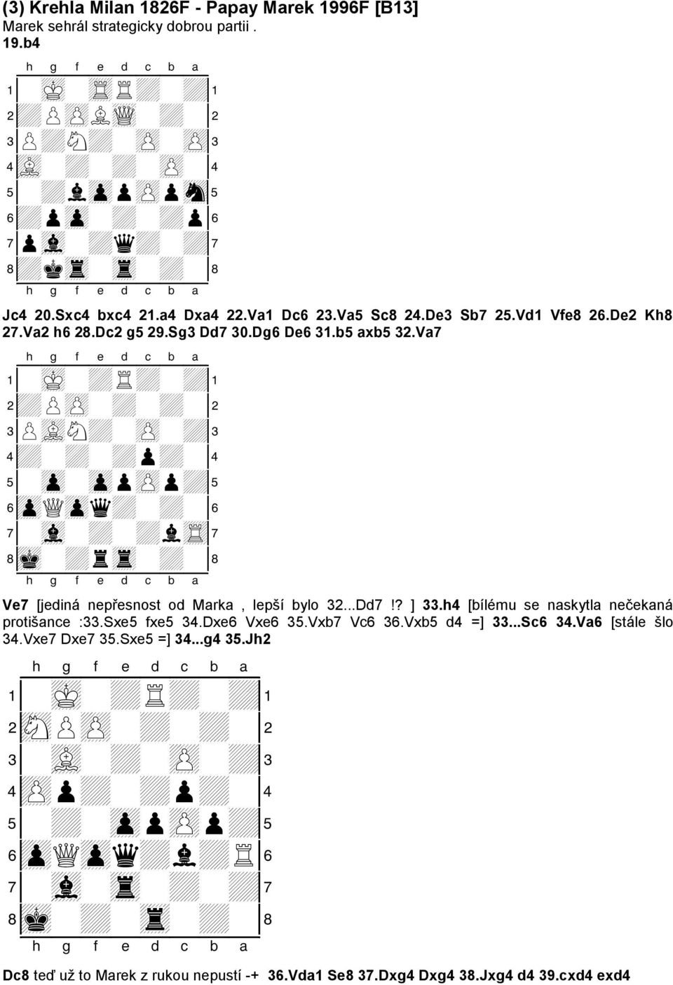 Sg3 Dd7 30.Dg6 De6 31.b5 axb5 32.Va7 1-mK-+R+-+! 2+PzP-+-+-" 3PvLN+-zP-+# 4+-+-+p+-$ 5-zp-zppzPp+% 6zpQzpq+-+-& 7-vl-+-+ltR' 8mk-+rtr-+-( Ve7 [jediná nepřesnost od Marka, lepší bylo 32...Dd7!? ] 33.