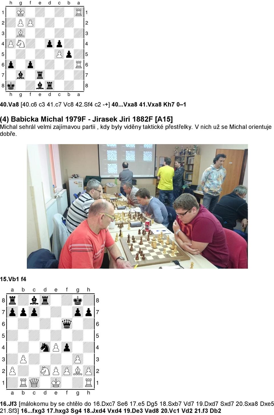 V nich už se Michal orientuje dobře. 15.Vb1 f4 8r+ltr-+k+( 7zppzp-+-zpp' 6-+-+-wq-+& 5+-+-+-+-% 4-+-snPzp-+$ 3+P+-+-zP-# 2P+-sNPzPLzP" 1+RwQ-mK-+R! 16.