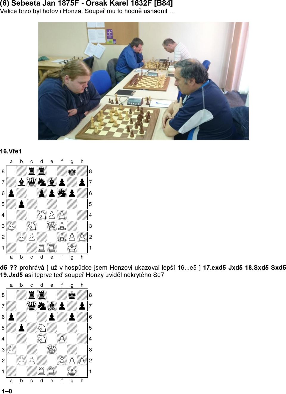 ? prohrává [ už v hospůdce jsem Honzovi ukazoval lepší 16...e5 ] 17.exd5 Jxd5 18.Sxd5 Sxd5 19.