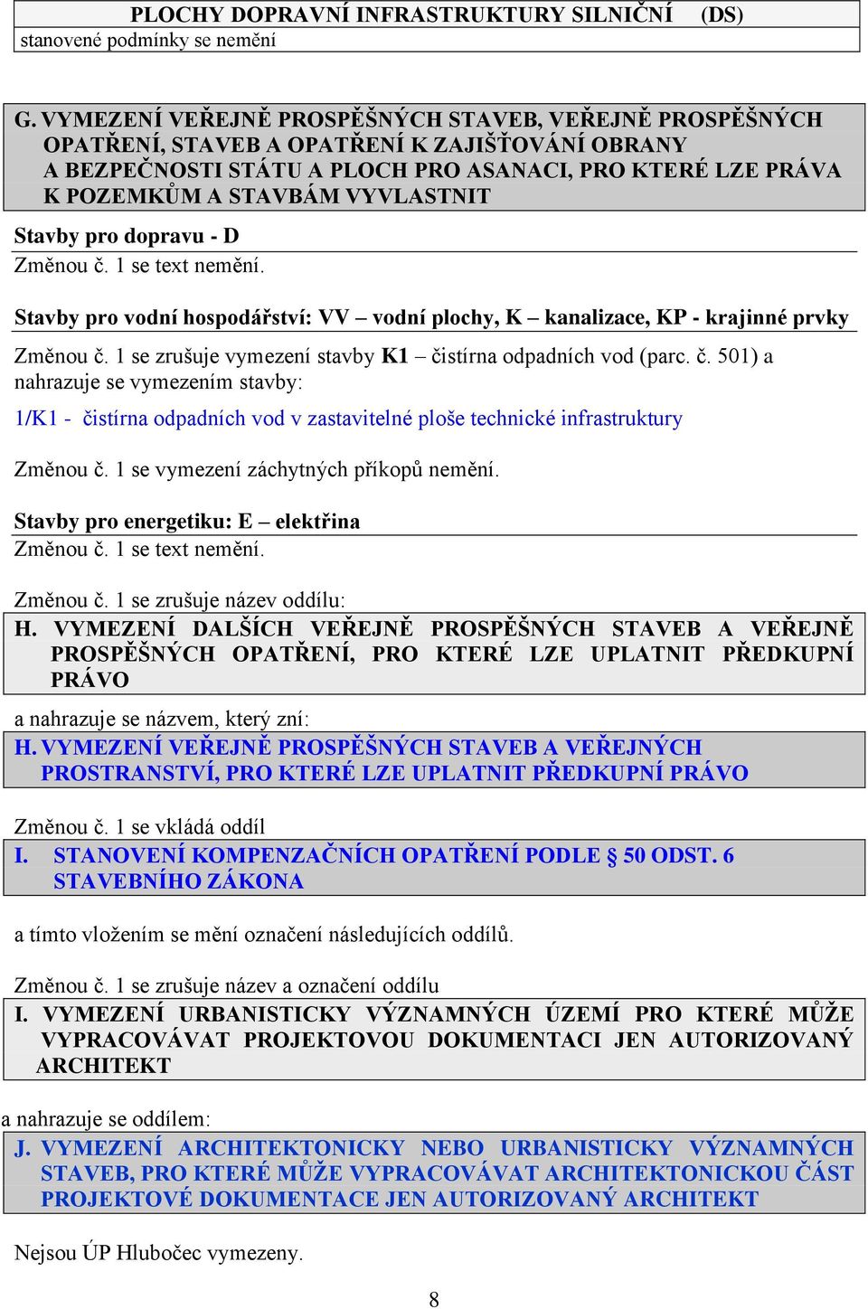 Stavby pro dopravu - D Změnou č. 1 se text nemění. Stavby pro vodní hospodářství: VV vodní plochy, K kanalizace, KP - krajinné prvky Změnou č.