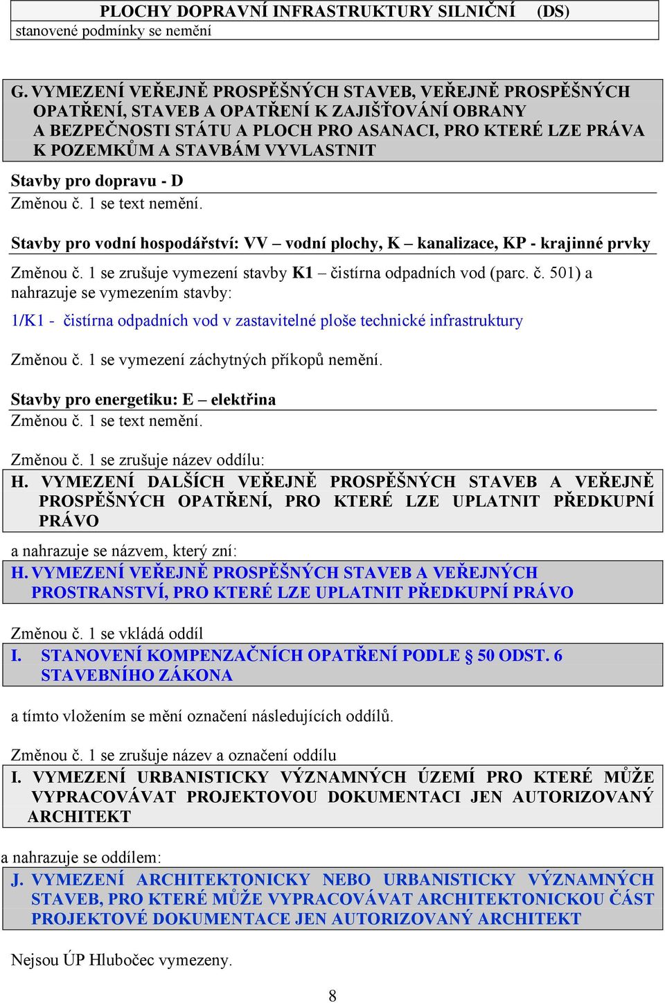 Stavby pro dopravu - D Změnou č. 1 se text nemění. Stavby pro vodní hospodářství: VV vodní plochy, K kanalizace, KP - krajinné prvky Změnou č.