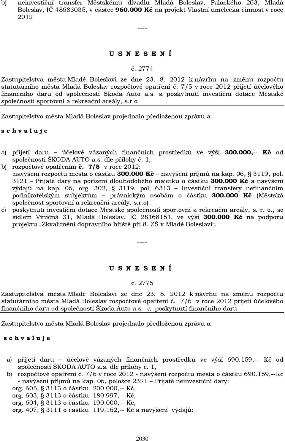 7/5 v roce 2012 přijetí účelového finančního daru od společnosti Škoda Auto a.s. a poskytnutí investiční dotace Městské společnosti sportovní a rekreační areály, s.r.o a) přijetí daru účelově vázaných finančních prostředků ve výši 300.