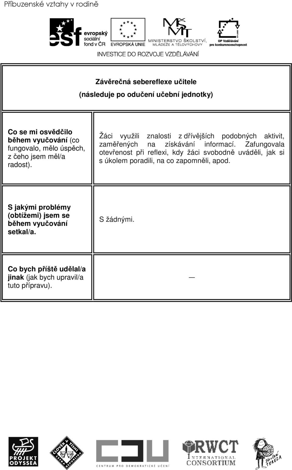 Zafungovala otevřenost při reflexi, kdy žáci svobodně uváděli, jak si s úkolem poradili, na co zapomněli, apod.