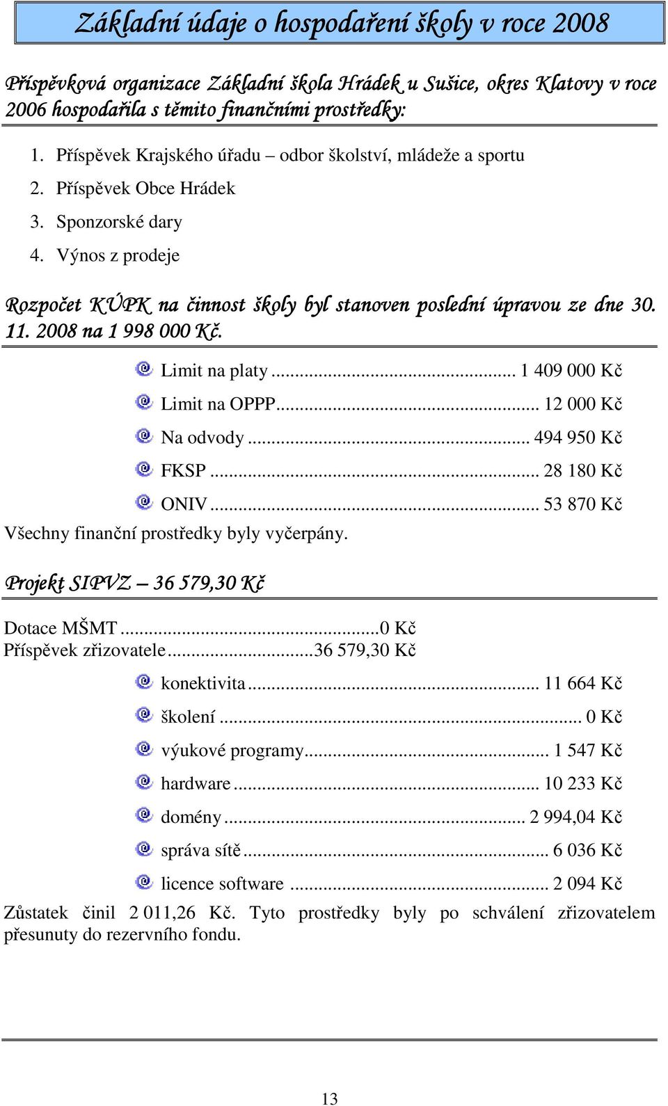 . 2008 na 1 998 000 Kč. Limit na platy... 1 409 000 Kč Limit na OPPP... 12 000 Kč Na odvody... 494 950 Kč FKSP... 28 180 Kč ONIV... 53 870 Kč Všechny finanční prostředky byly vyčerpány.