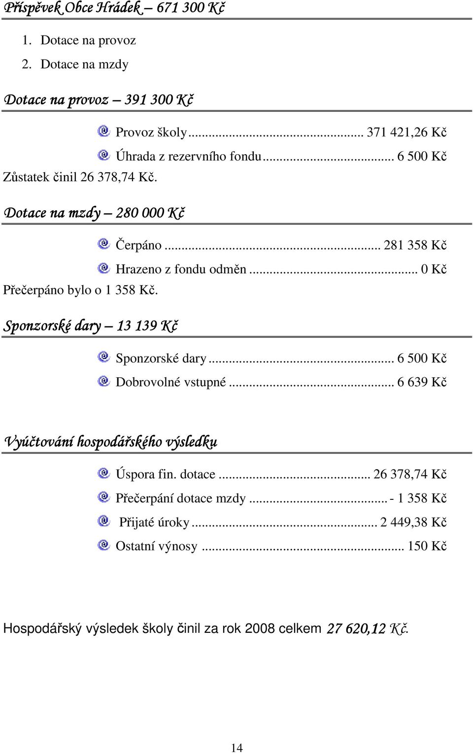 Sponzorské dary 13 139 Kč Sponzorské dary... 6 500 Kč Dobrovolné vstupné... 6 639 Kč Vyúčtování hospodářského výsledku Úspora fin. dotace.