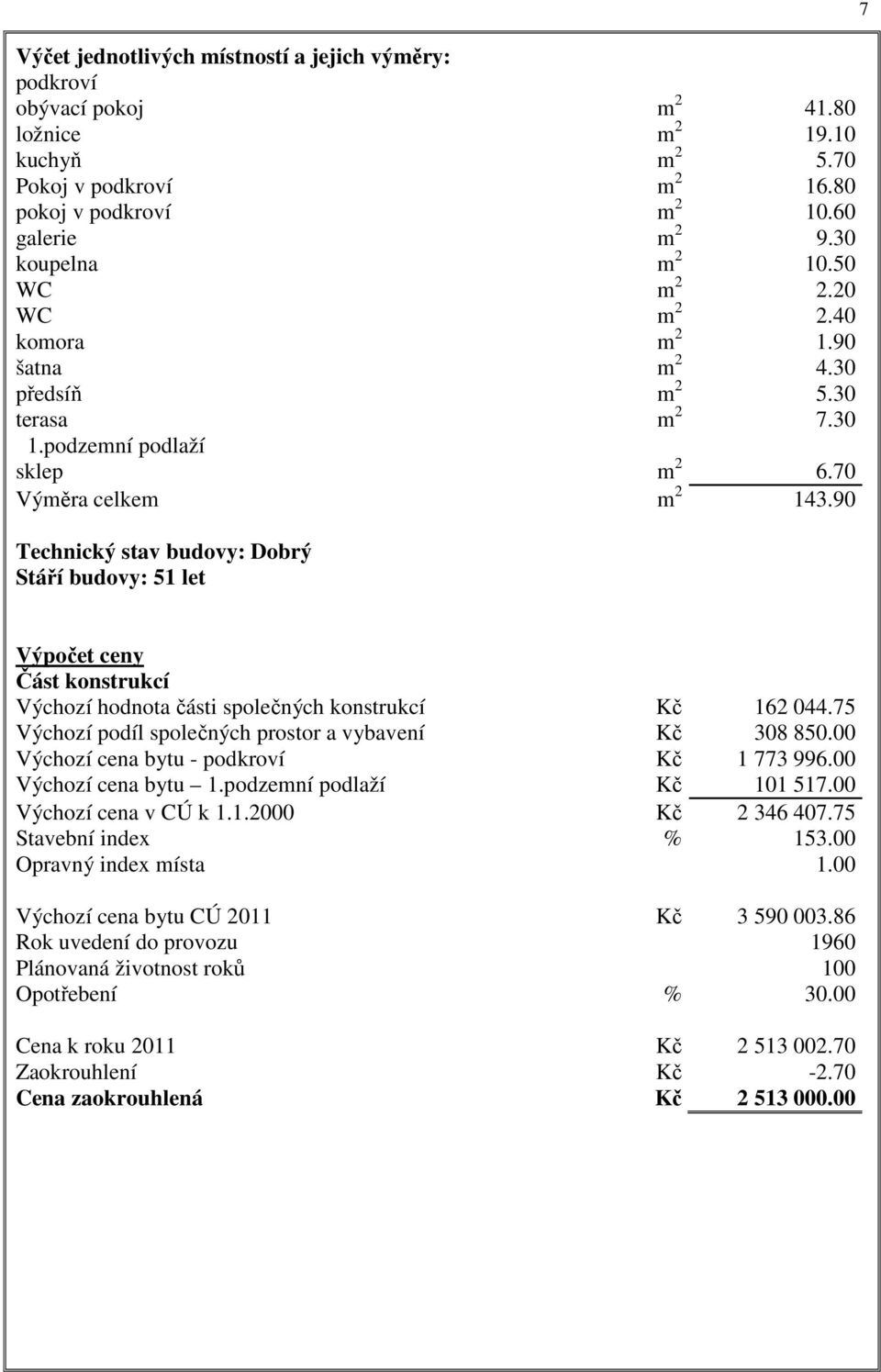 90 Technický stav budovy: Dobrý Stáří budovy: 51 let 7 Výpočet ceny Část konstrukcí Výchozí hodnota části společných konstrukcí Kč 162 044.75 Výchozí podíl společných prostor a vybavení Kč 308 850.