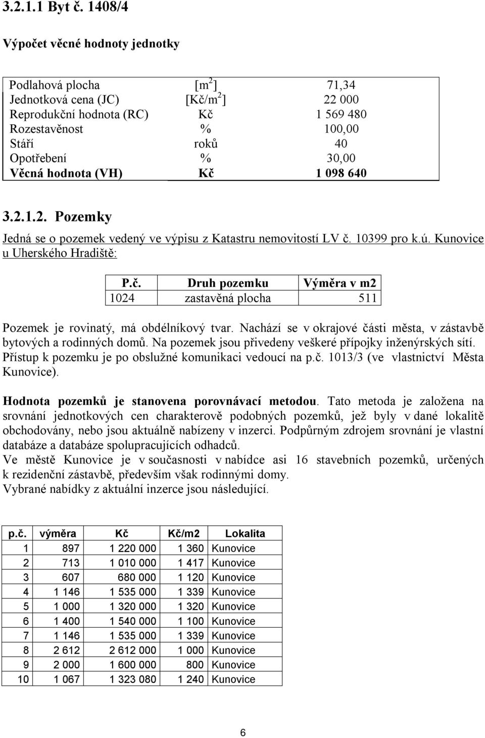 Věcná hodnota (VH) Kč 1 098 640 3.2.1.2. Pozemky Jedná se o pozemek vedený ve výpisu z Katastru nemovitostí LV č. 10399 pro k.ú. Kunovice u Uherského Hradiště: P.č. Druh pozemku Výměra v m2 1024 zastavěná plocha 511 Pozemek je rovinatý, má obdélníkový tvar.