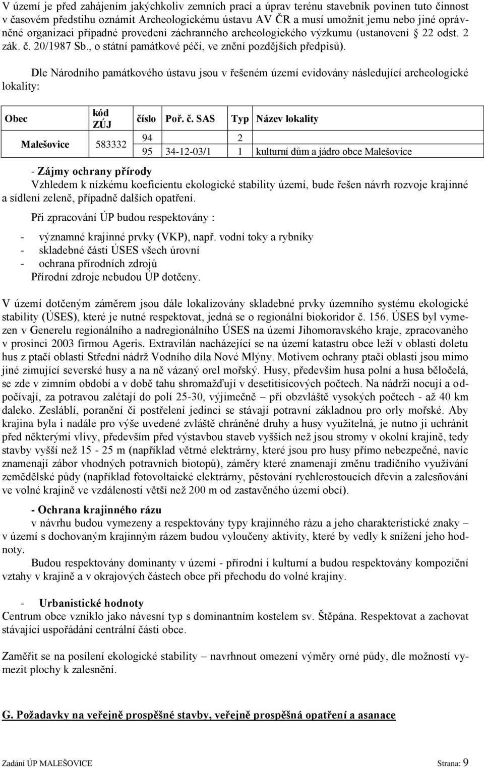 Dle Národního památkového ústavu jsou v řešeném území evidovány následující archeologické lokality: Obec kód ZÚJ Malešovice 583332 čí