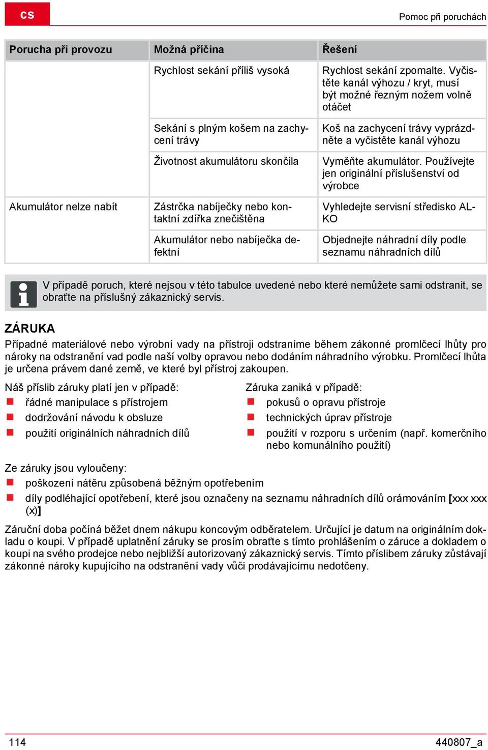 Vyčistěte kanál výhozu / kryt, musí být možné řezným nožem volně otáčet Koš na zachycení trávy vyprázdněte a vyčistěte kanál výhozu Vyměňte akumulátor.