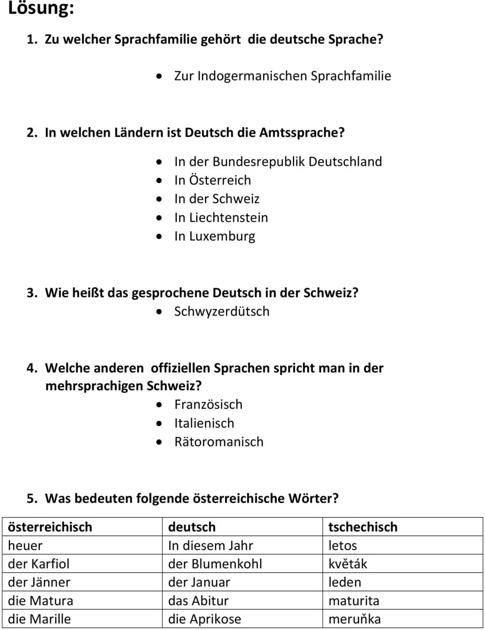 Welche anderen offiziellen Sprachen spricht man in der mehrsprachigen Schweiz? Französisch Italienisch Rätoromanisch 5. Was bedeuten folgende österreichische Wörter?