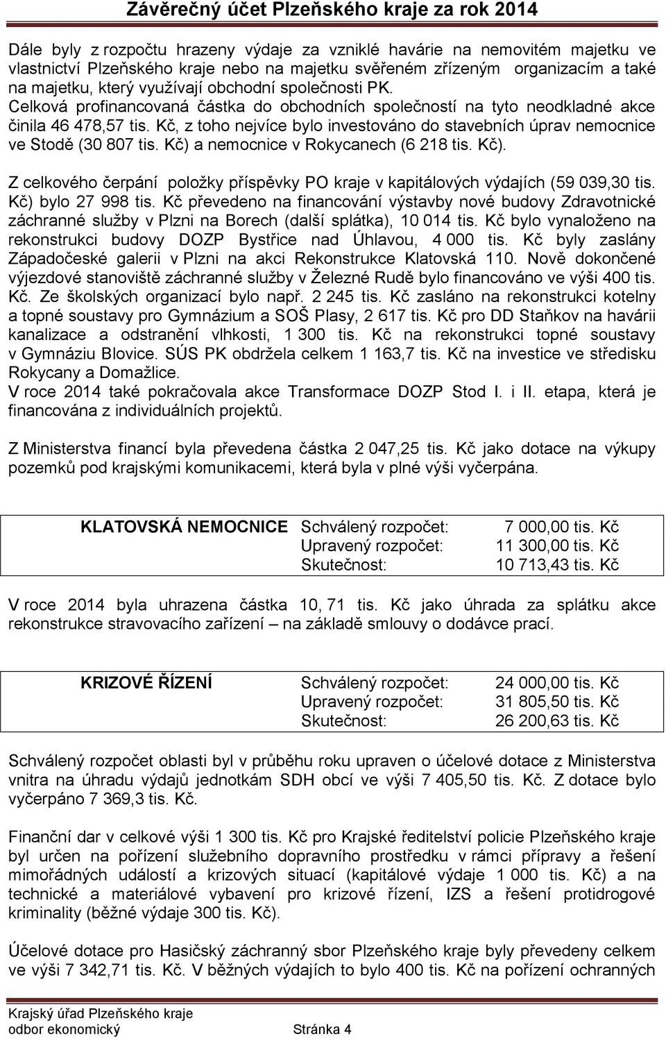 Kč, z toho nejvíce bylo investováno do stavebních úprav nemocnice ve Stodě (30 807 tis. Kč) a nemocnice v Rokycanech (6 218 tis. Kč). Z celkového čerpání položky příspěvky PO kraje v kapitálových výdajích (59 039,30 tis.