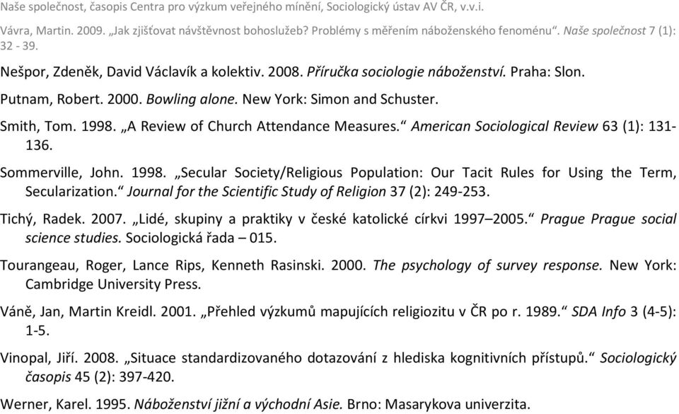 Journal for the Scientific Study of Religion 37 (2): 249-253. Tichý, Radek. 2007. Lidé, skupiny a praktiky v české katolické církvi 1997 2005. Prague Prague social science studies.