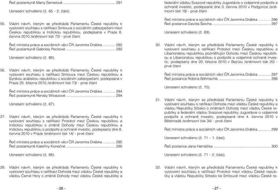 června 2010 /sněmovní tisk 72/ - prvé čtení Řeč ministra práce a sociálních věcí ČR Jaromíra Drábka... 292 Řeč poslankyně Gabriely Peckové... 292 Usnesení schváleno (č. 66). 56.