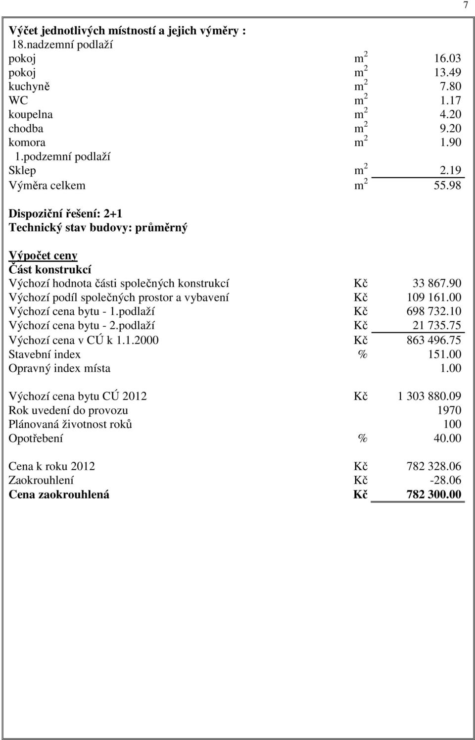 90 Výchozí podíl společných prostor a vybavení Kč 109 161.00 Výchozí cena bytu - 1.podlaží Kč 698 732.10 Výchozí cena bytu - 2.podlaží Kč 21 735.75 Výchozí cena v CÚ k 1.1.2000 Kč 863 496.