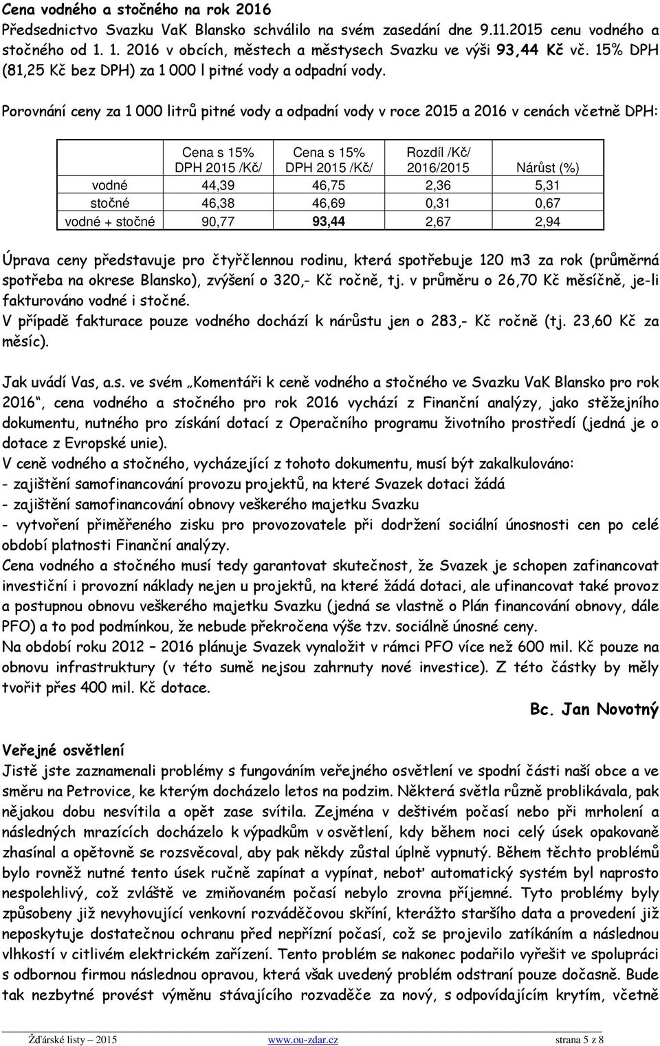 Porovnání ceny za 1 000 litrů pitné vody a odpadní vody v roce 2015 a 2016 v cenách včetně DPH: Cena s 15% DPH 2015 /Kč/ Cena s 15% DPH 2015 /Kč/ Rozdíl /Kč/ 2016/2015 Nárůst (%) vodné 44,39 46,75