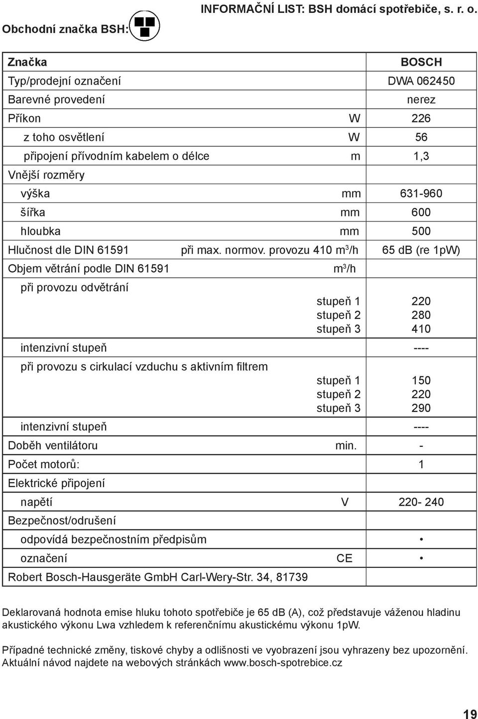 mm 500 Hlučnost dle DIN 61591 při max. normov.