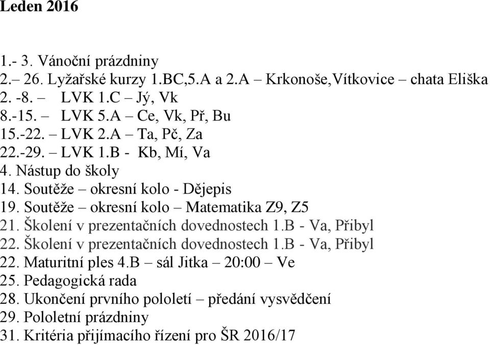 Soutěže okresní kolo Matematika Z9, Z5 21. Školení v prezentačních dovednostech 1.B - Va, Přibyl 22. Školení v prezentačních dovednostech 1.B - Va, Přibyl 22. Maturitní ples 4.