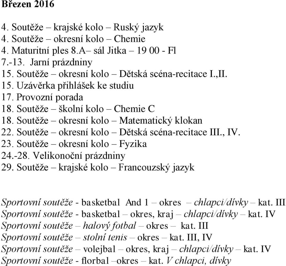 Soutěže okresní kolo Fyzika 24.-28. Velikonoční prázdniny 29. Soutěže krajské kolo Francouzský jazyk Sportovní soutěže - basketbal And 1 okres chlapci/dívky kat.