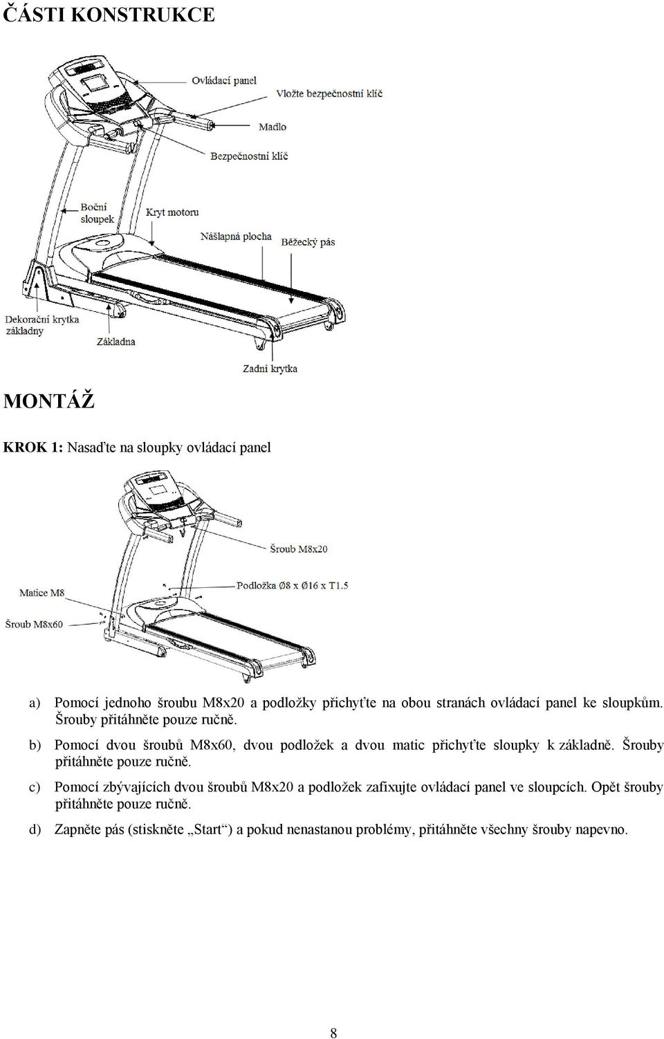 b) Pomocí dvou šroubů M8x60, dvou podložek a dvou matic přichyťte sloupky k základně. Šrouby přitáhněte pouze ručně.