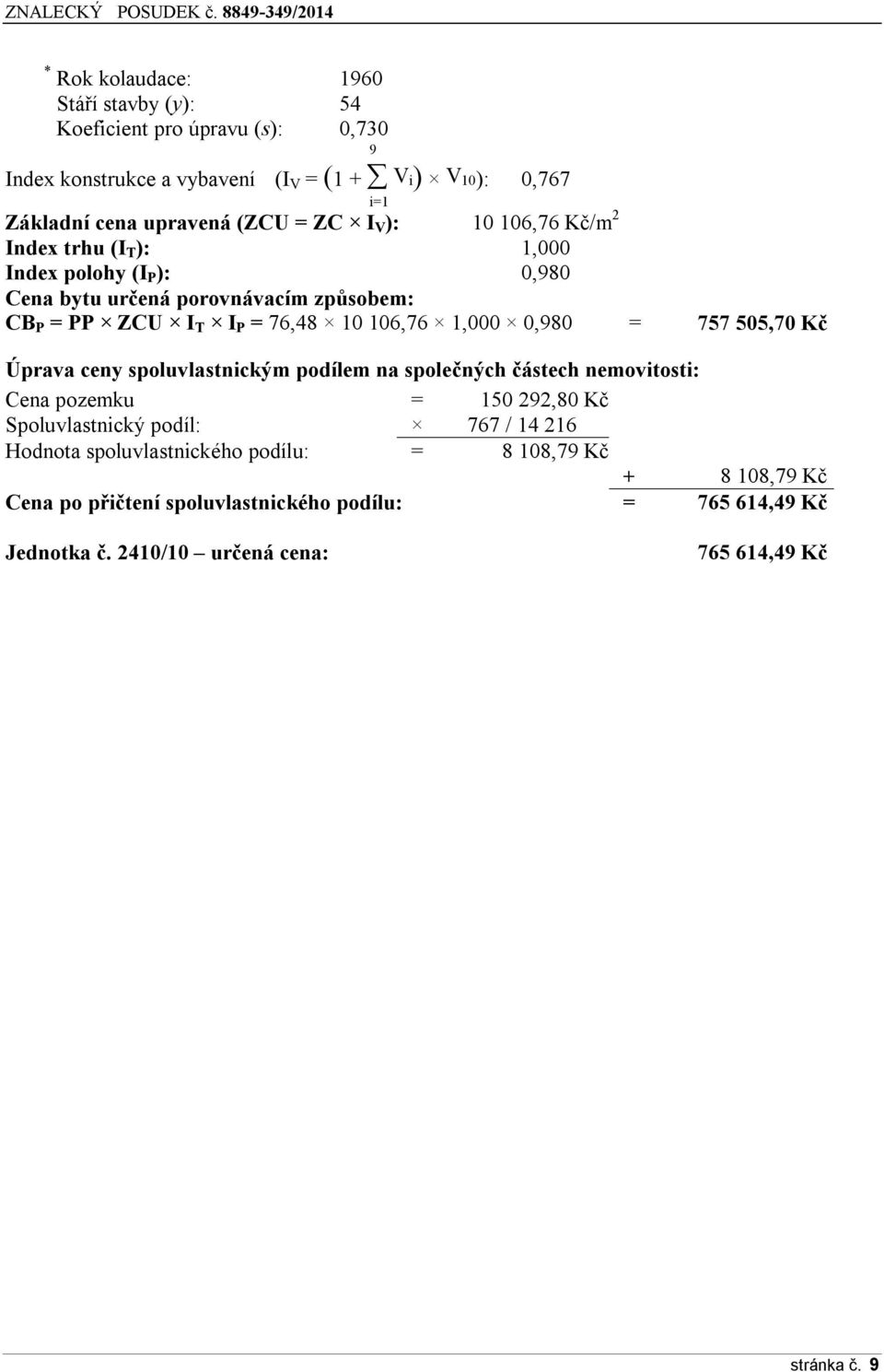 0,980 = 757 505,70 Kč Úprava ceny spoluvlastnickým podílem na společných částech nemovitosti: Cena pozemku = 150 292,80 Kč Spoluvlastnický podíl: 767 / 14 216 Hodnota