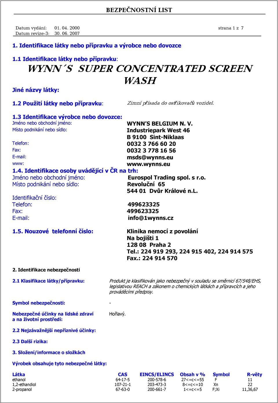 Místo podnikání nebo sídlo: Industriepark West 46 B 9100 Sint-Niklaas Telefon: 0032 3 766 60 20 Fax: 0032 3 778 16 56 E-mail: msds@wynns.eu www: www.wynns.eu 1.4. Identifikace osoby uvádějící v ČR na trh: Jméno nebo obchodní jméno: Eurospol Trading spol.