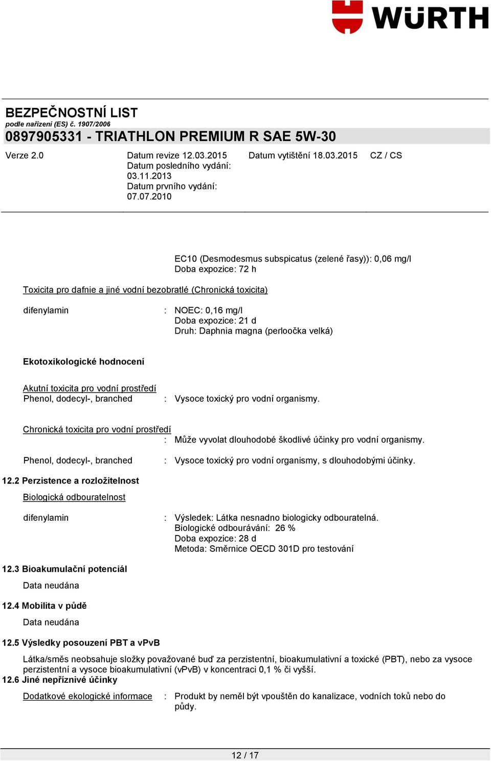 Chronická toxicita pro vodní prostředí : Můţe vyvolat dlouhodobé škodlivé účinky pro vodní organismy. Phenol, dodecyl-, branched : Vysoce toxický pro vodní organismy, s dlouhodobými účinky. 12.