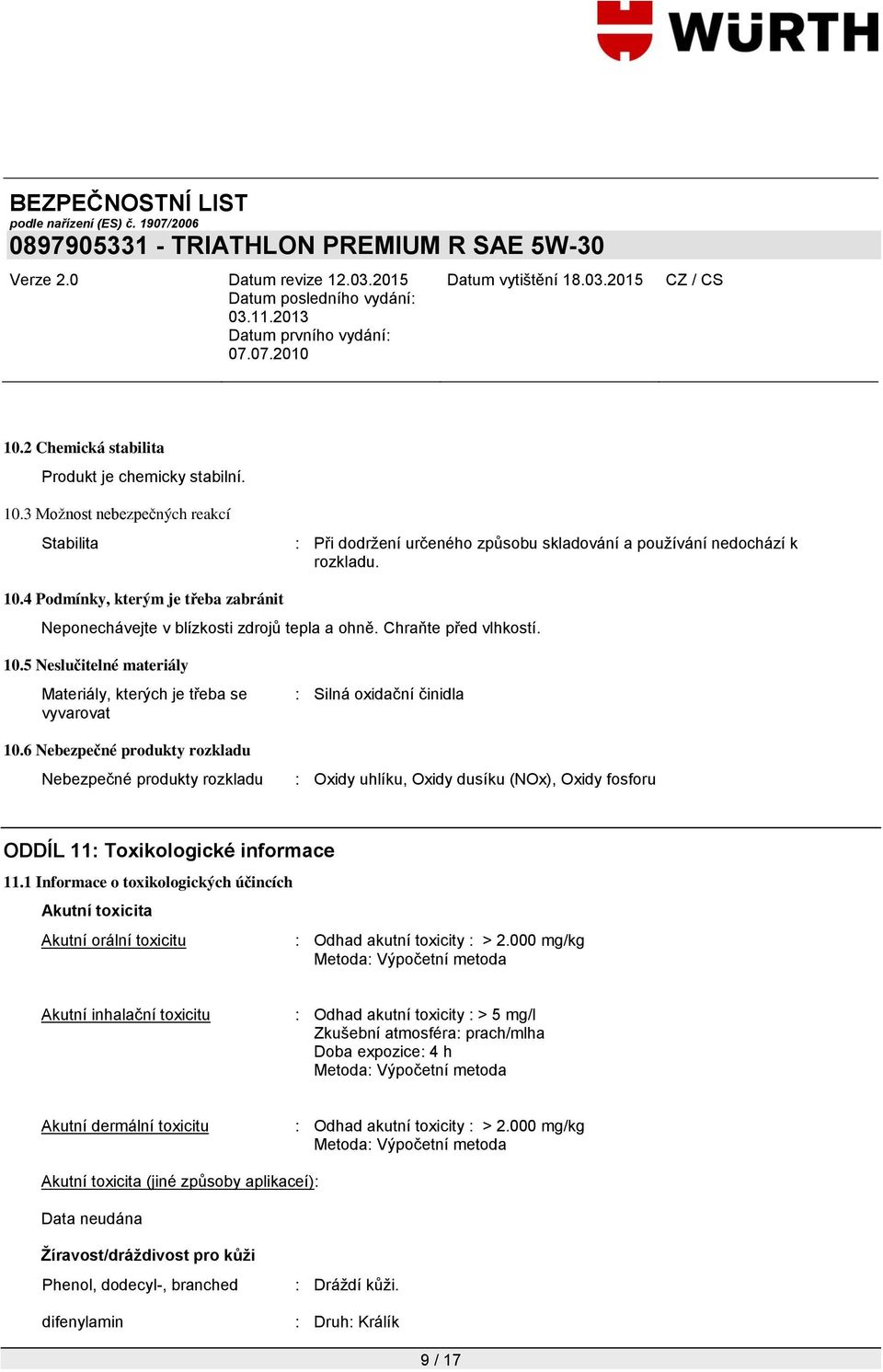 6 Nebezpečné produkty rozkladu Nebezpečné produkty rozkladu : Silná oxidační činidla : Oxidy uhlíku, Oxidy dusíku (NOx), Oxidy fosforu ODDÍL 11: Toxikologické informace 11.