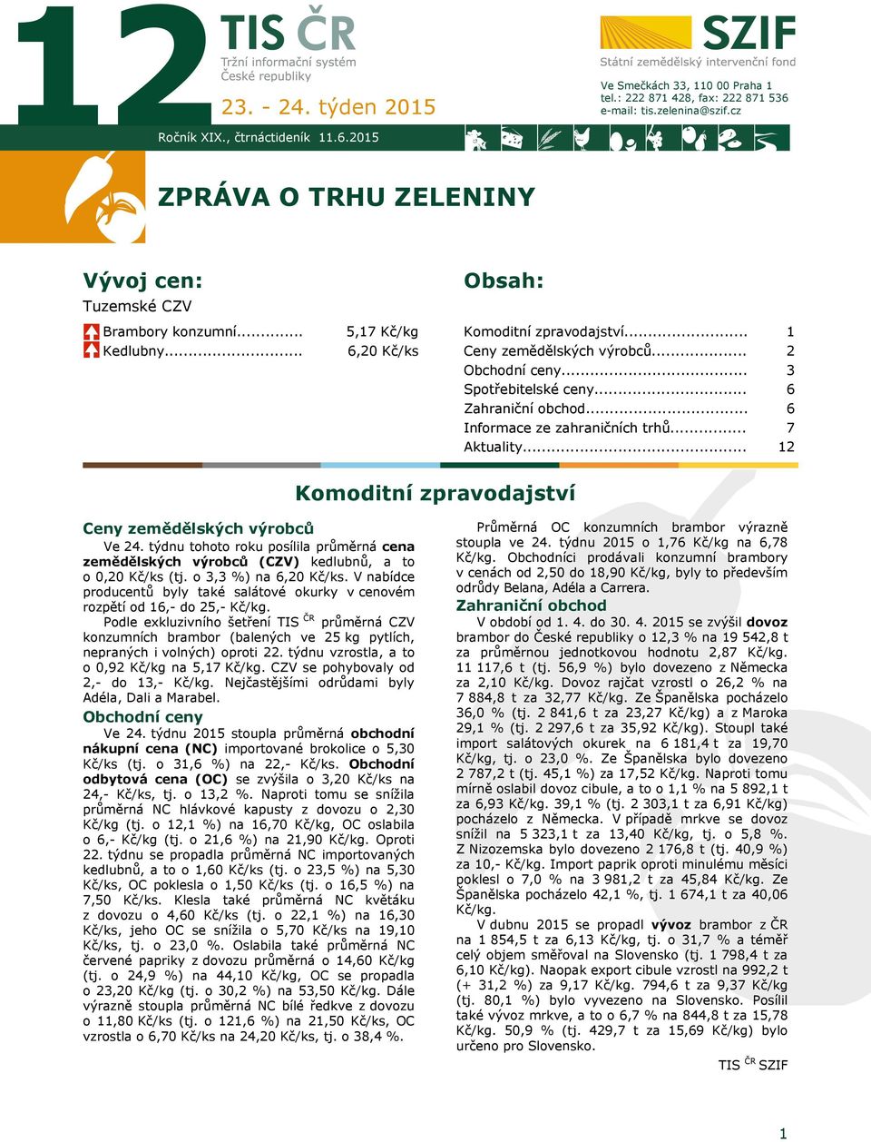 .. Spotřebitelské ceny... Zahraniční obchod... Informace ze zahraničních trhů... Aktuality... 1 2 3 6 6 7 12 Komoditní zpravodajství Ceny zemědělských výrobců Ve 24.