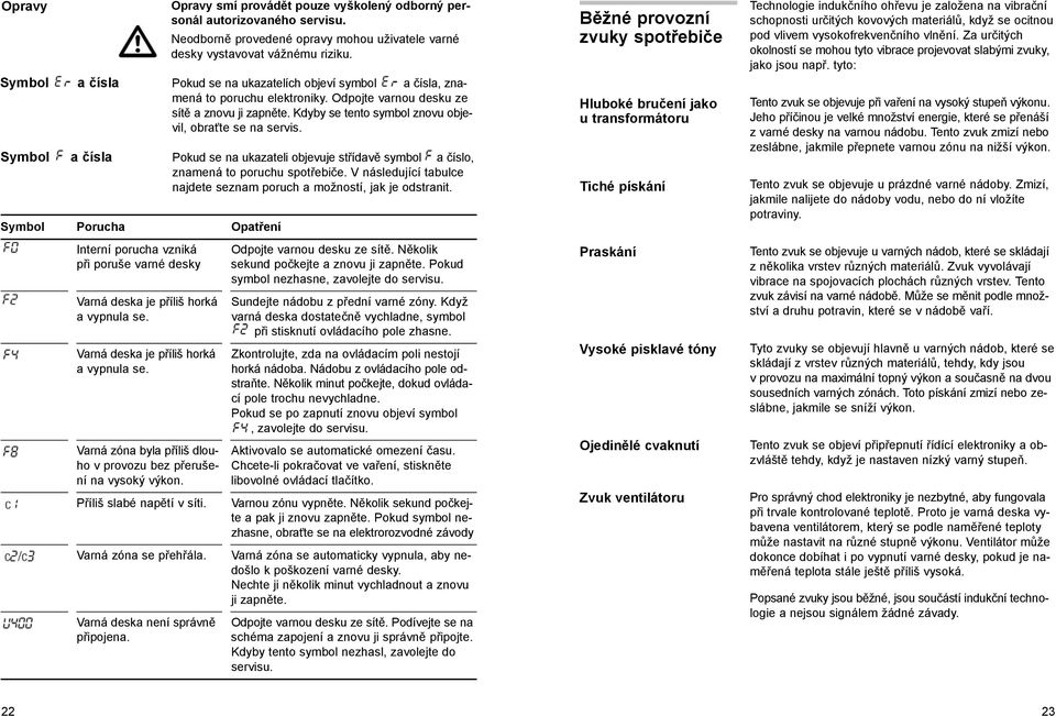 Pokud se na ukazateli objevuje střídavě symbol a číslo, znamená to poruchu spotřebiče. V následující tabulce najdete seznam poruch a možností, jak je odstranit.