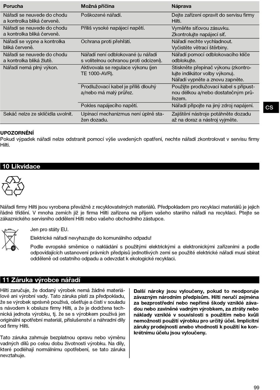 Stiskněte přepínač výkonu (zkontrolujte indikátor volby výkonu). Nářadí vypněte a znovu zapněte. Použijte prodlužovací kabel s přípustnou délkou a/nebo dostatečným průřezem.