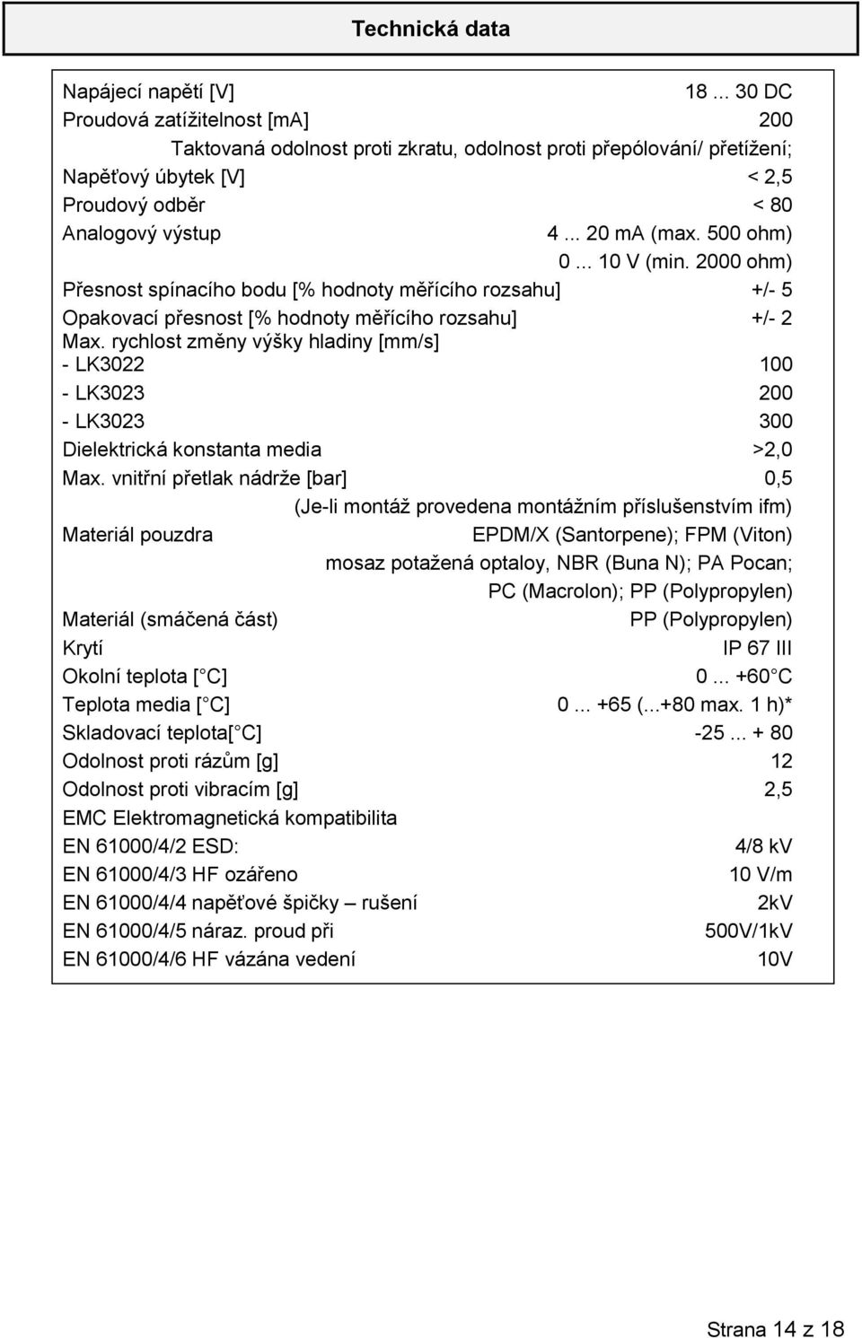 500 ohm) 0... 10 V (min. 2000 ohm) Přesnost spínacího bodu [% hodnoty měřícího rozsahu] +/- 5 Opakovací přesnost [% hodnoty měřícího rozsahu] +/- 2 Max.