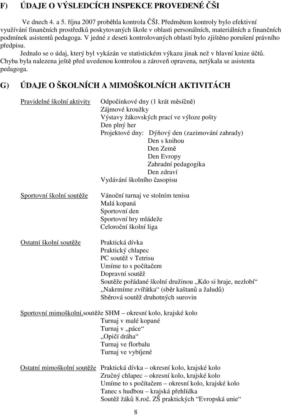 V jedné z deseti kontrolovaných oblastí bylo zjištěno porušení právního předpisu. Jednalo se o údaj, který byl vykázán ve statistickém výkazu jinak než v hlavní knize účtů.