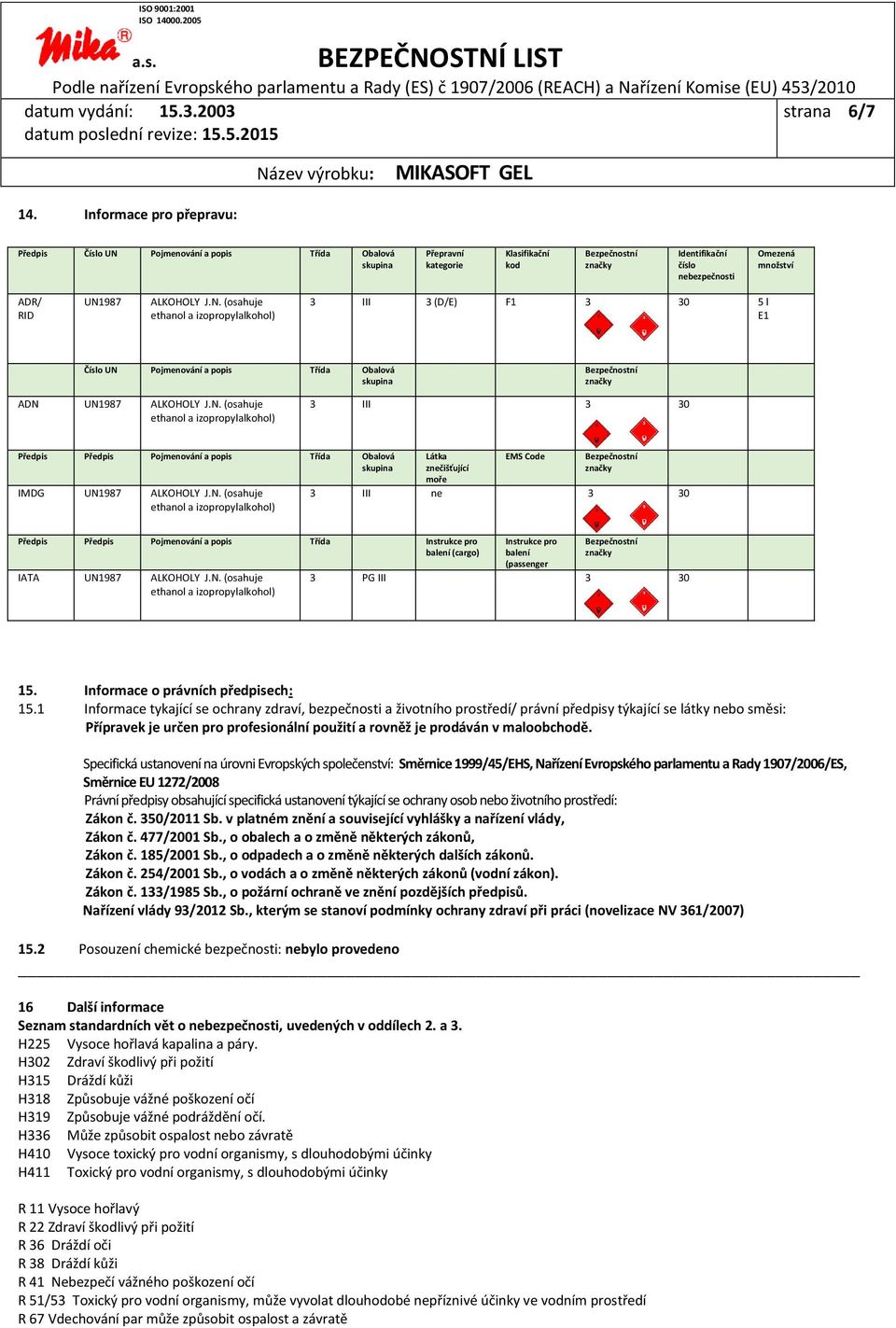 N. (osahuje 3 III 3 30 Předpis Předpis Pojmenování a popis Třída Obalová skupina IMDG UN1987 ALKOHOLY J.N. (osahuje Látka znečišťující moře EMS Code Bezpečnostní 3 III ne 3 30 Předpis Předpis Pojmenování a popis Třída Instrukce pro balení (cargo) IATA UN1987 ALKOHOLY J.