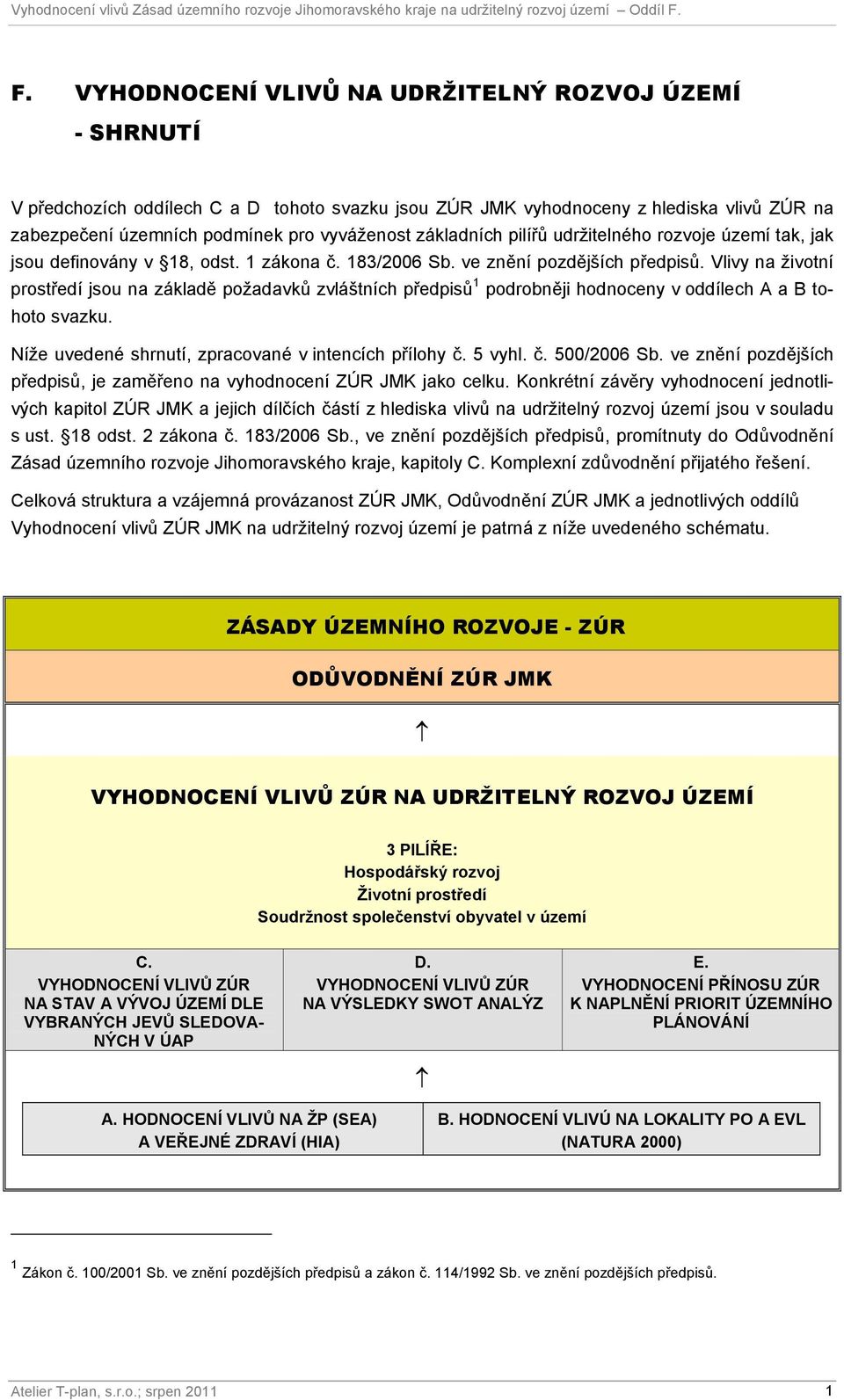 Vlivy na životní prostředí jsou na základě požadavků zvláštních předpisů 1 podrobněji hodnoceny v oddílech A a B tohoto svazku. Níže uvedené shrnutí, zpracované v intencích přílohy č. 5 vyhl. č. 500/2006 Sb.