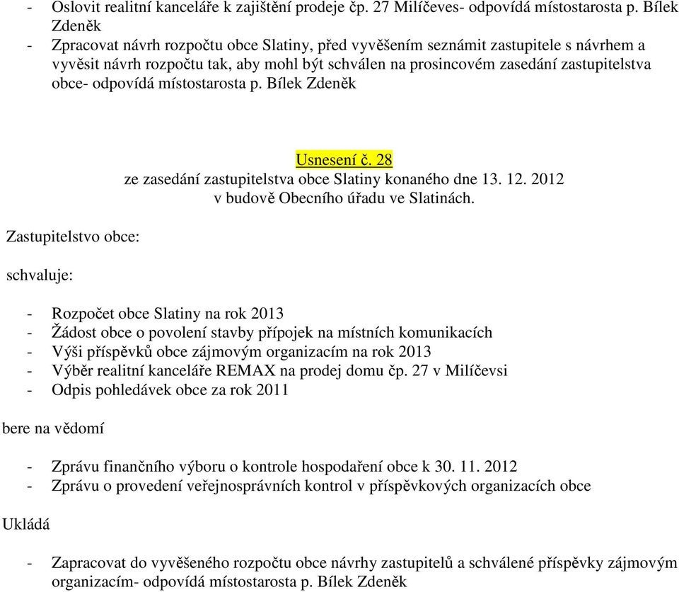 odpovídá místostarosta p. Bílek Zdeněk Usnesení č. 28 ze zasedání zastupitelstva obce Slatiny konaného dne 13. 12.