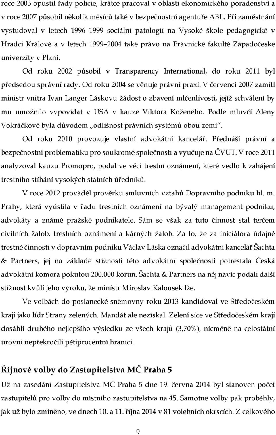 Od roku 2002 působil v Transparency International, do roku 2011 byl předsedou správní rady. Od roku 2004 se věnuje právní praxi.