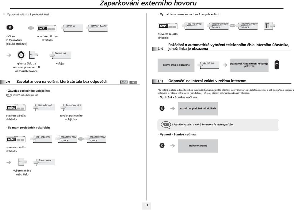 .10 Po½ádání o automatické vytoèení telefonního èísla interního úèastníka, jeho½ linka je obsazena vyberte èíslo ze seznamu posledních 8 odchozích hovorù volejte interní linka je obsazena Zpetne vol.